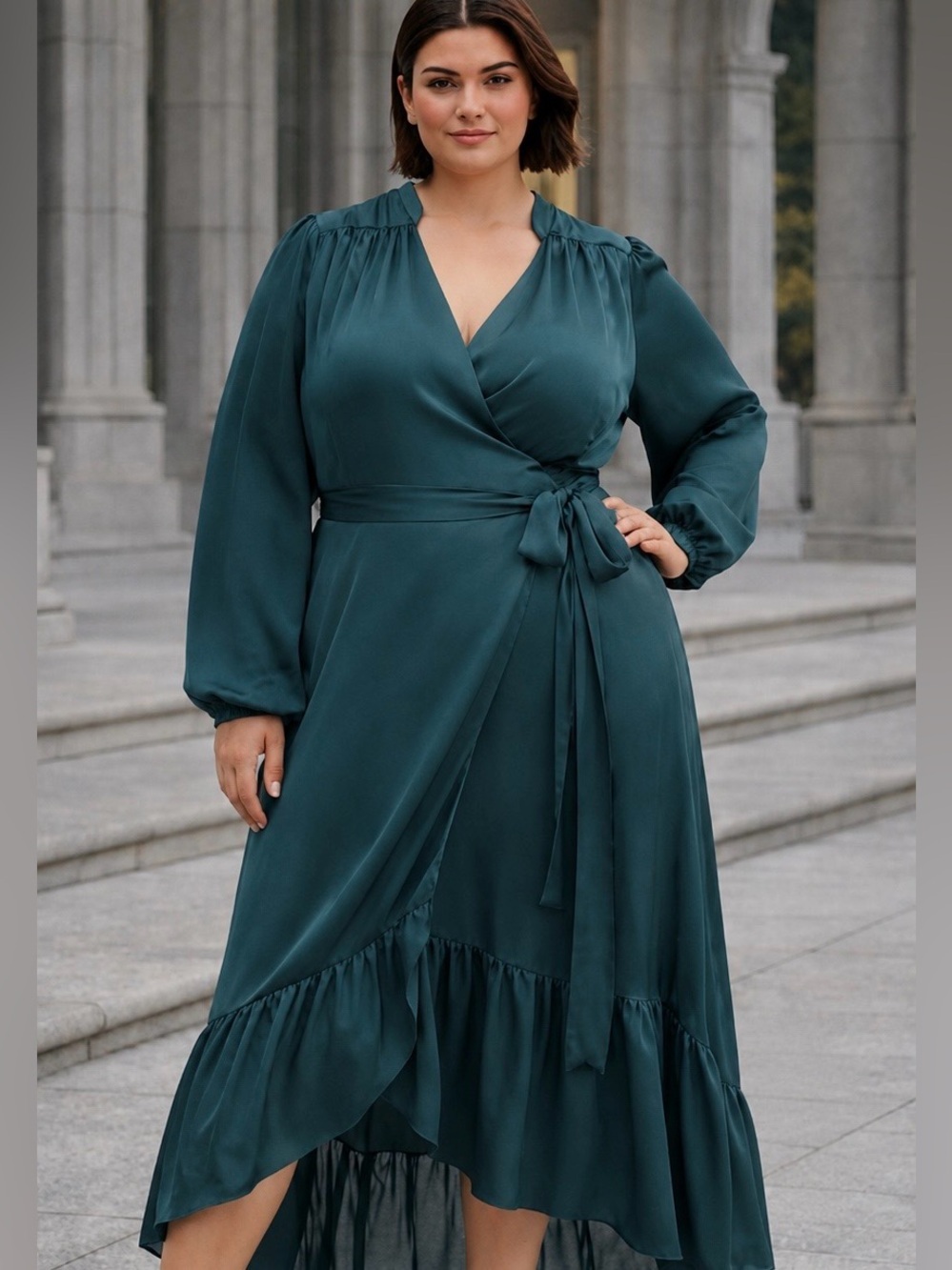 City Chic Rylie Wrap Maxi Dress Teal Long Sleeve Hi Low Formal Medium. -FLAWED-